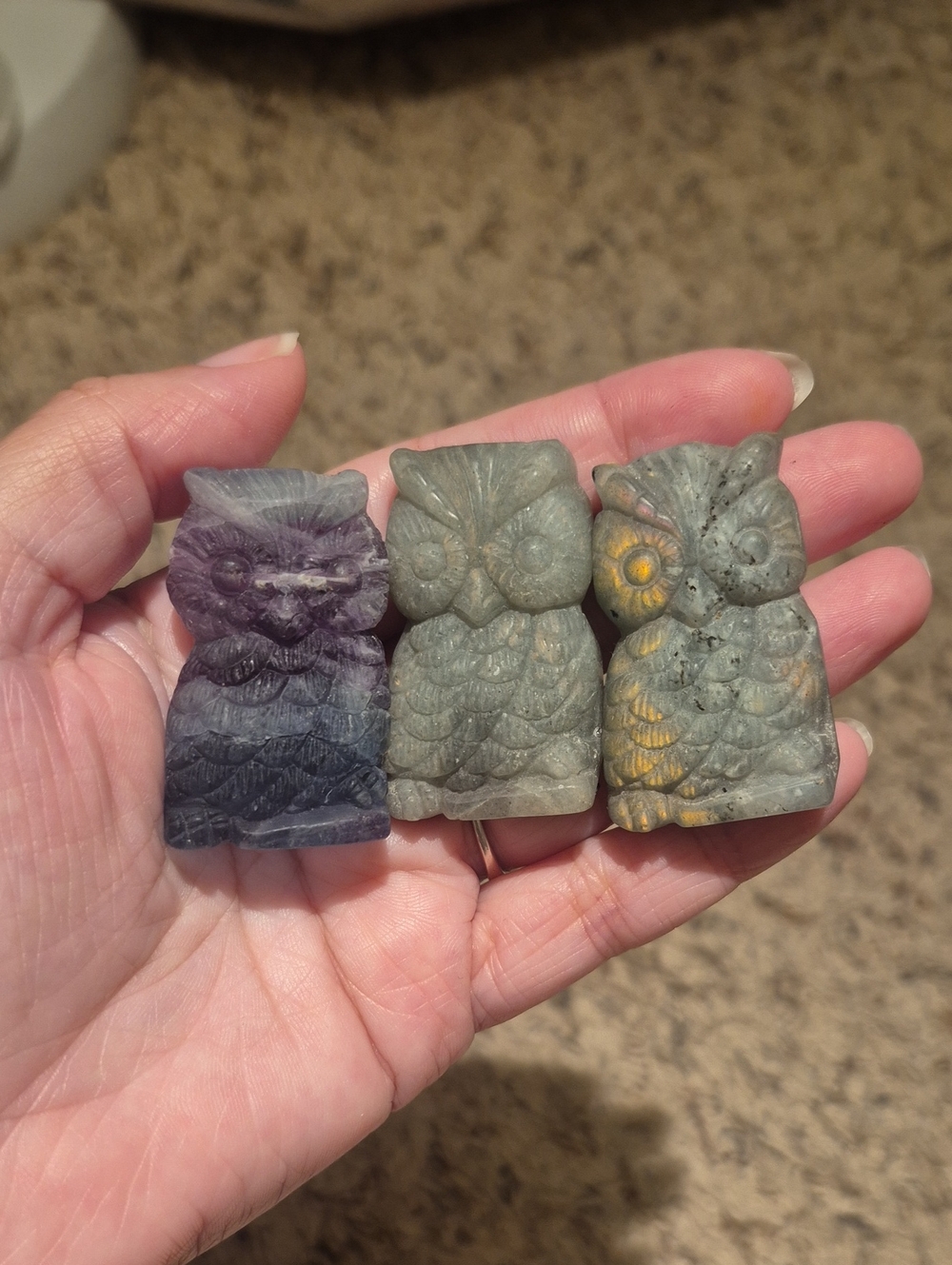 Small carved owls Rainbow Flourite Labradorite
